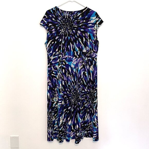 GLAMOUR Plus Size Blue Purple Multi Geometric Surplice Work Midi Fit Flare Dress - Picture 6 of 12